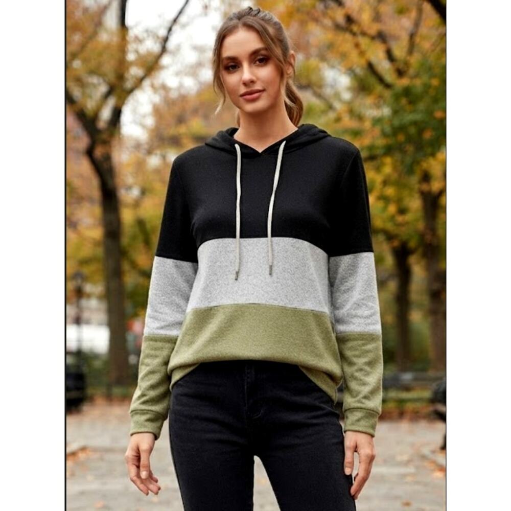 SHEIN Black Heather Gray Green Colorblock Striped Sweater Hoodie Medium